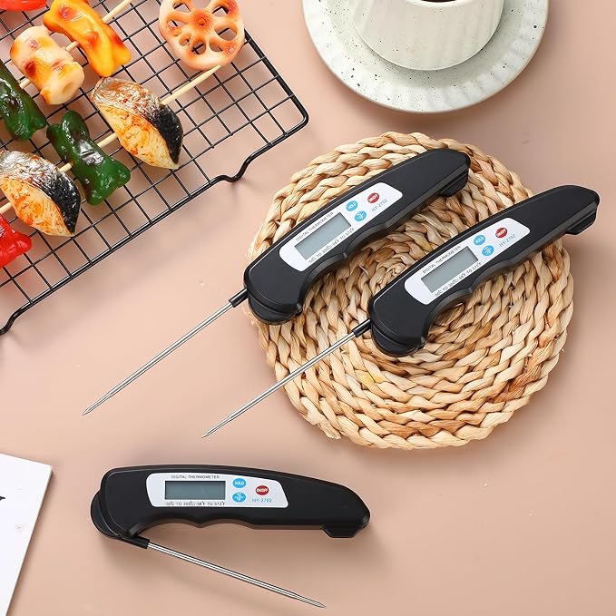 Xuhal 12 Pcs Digital Meat Thermometer with Probe Waterproof Instant Read Foldable Food Thermometer with Magnet for Kitchen Grilling Cooking Turkey Baking BBQ (Black)
