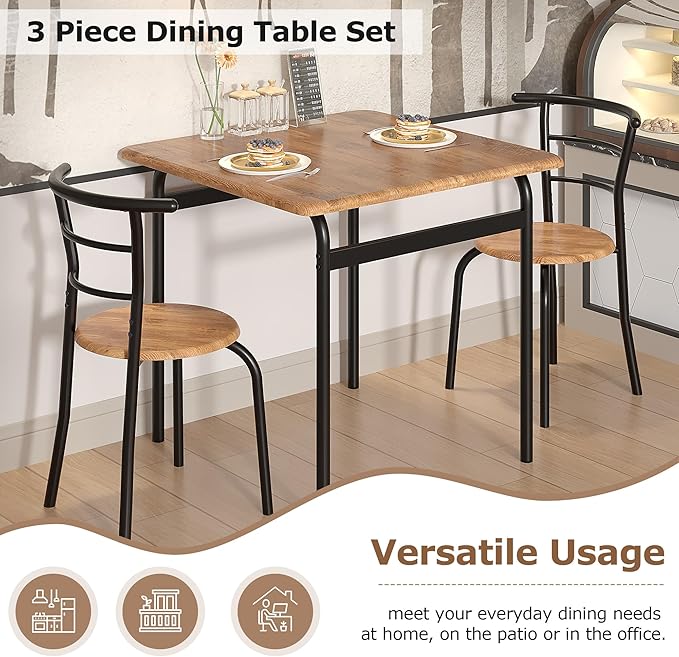 VECELO 3-Piece Dining Table Set for Kitchen Breakfast Nook, Wood Grain Square Tabletop and Metal Frame, for Small Spaces, Vintage Brown