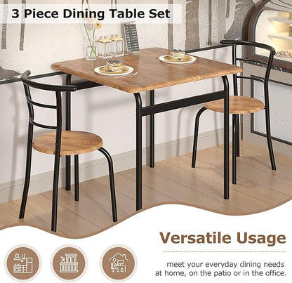VECELO 3-Piece Dining Table Set for Kitchen Breakfast Nook, Wood Grain Square Tabletop and Metal Frame, for Small Spaces, Vintage Brown