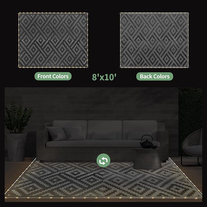 GENIMO Outdoor Rug, Waterproof Plastic Rugs for Patio, 8'x10' LED Dark Grey | Outside Larger Modern Carpet Mat for Porch Decor, Deck, Balcony, Camping, RV, Backyard, Picnic, Beach, Reversible, Foldable