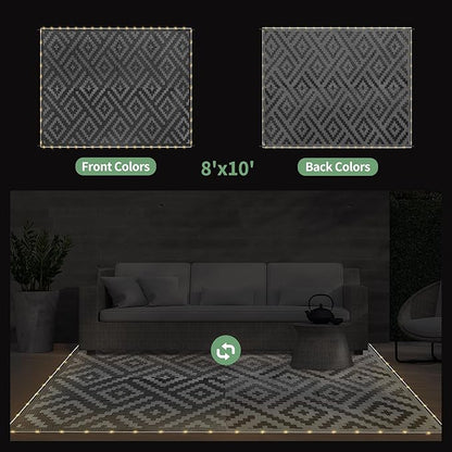 GENIMO Outdoor Rug, Waterproof Plastic Rugs for Patio, 8'x10' LED Dark Grey | Outside Larger Modern Carpet Mat for Porch Decor, Deck, Balcony, Camping, RV, Backyard, Picnic, Beach, Reversible, Foldable