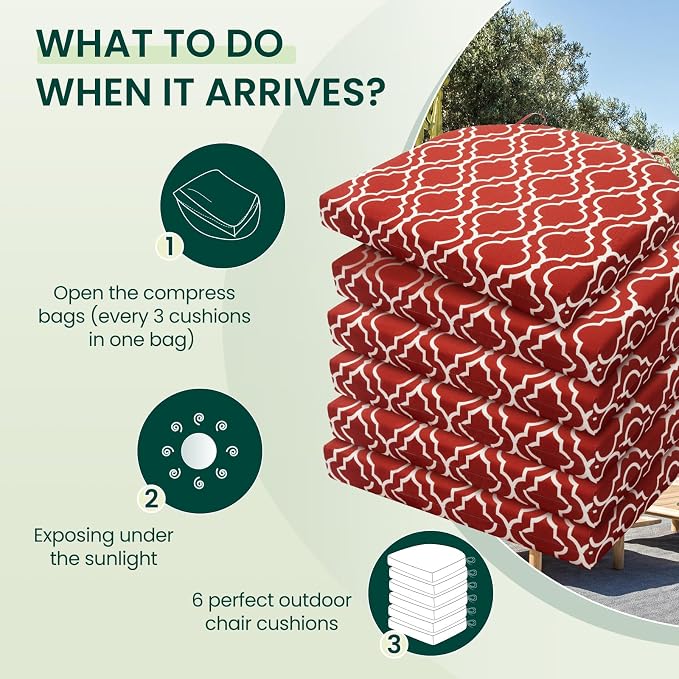 HARBOREST Outdoor Chair Cushions Set of 6, Water Resistant Patio Chair Cushions with Ties, Outdoor Seat Cushions for Patio Furniture, 17"x16"x2", Wine Red Geometry