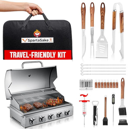 SpartaSake (24-Pack) Premium Stainless Steel BBQ Grilling Accessories with Steel Handles - Barbecue Gill Accessories Set for Blackstone Griddle - Outdoor Camping Grill Set for BBQ for Dad Men Women