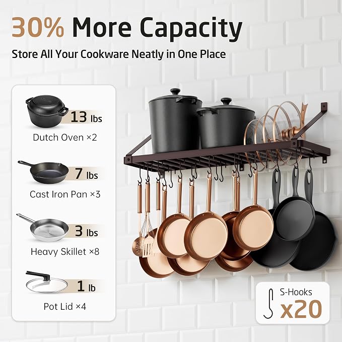 KES 75lb High-Capacity Oil Bronze Pot Rack Wall Mounted with Pot Lid Holder | 34 Inch Heavy-Duty Pots and Pans Hanging Rack with 20 Hooks, Drilling Template Provided for Easy Install