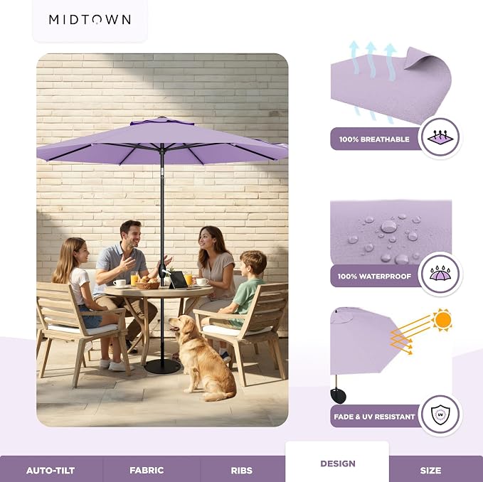 Midtown Umbrellas - 10-Year-No-Fade 9 Ft Patio Umbrella with Terylast Fabric, Auto-Tilt Aluminum Frame and 8 Reinforced Ribs for Deck, Pool, Garden & Beach - Purple Canopy, Black Pole