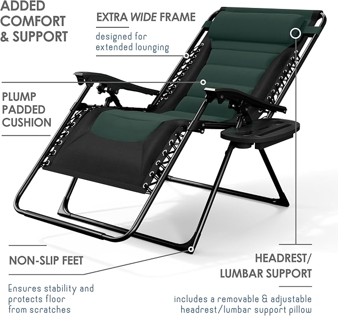 Nestl Padded Oversized Zero Gravity Chair, XL Folding Outdoor Lounge Chair | Adjustable Headrest, Cup Holder & Side Tray, Support 330 LBS, Reclining & Foldable, For Patio & Camping, Black/Forest Green