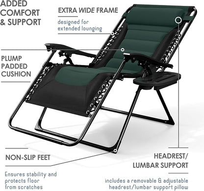 Nestl Padded Oversized Zero Gravity Chair, XL Folding Outdoor Lounge Chair | Adjustable Headrest, Cup Holder & Side Tray, Support 330 LBS, Reclining & Foldable, For Patio & Camping, Black/Forest Green