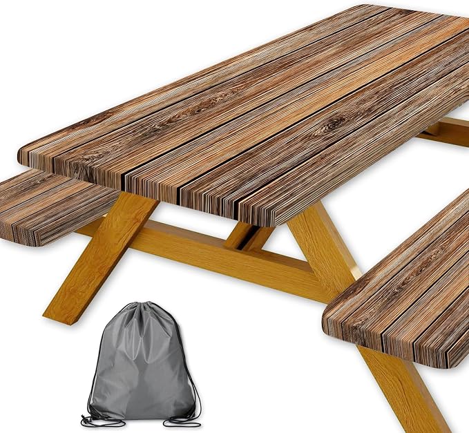 Farmhouse Picnic Table Cover with Bench Covers Camping Essentials Brown Wood Grain Waterproof Windproof Camping Tablecloth Fitted Tablecloth Cover with Elastic Edge for Indoor Outdoor 3 PCS 30x60 Inch