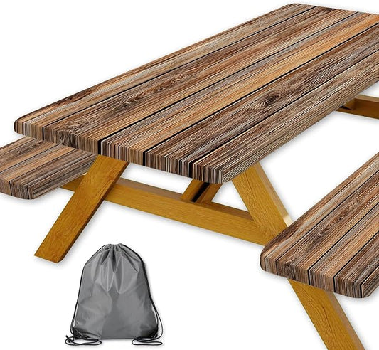 Farmhouse Picnic Table Cover with Bench Covers Camping Essentials Brown Wood Grain Waterproof Windproof Camping Tablecloth Fitted Tablecloth Cover with Elastic Edge for Indoor Outdoor 3 PCS 30x72 Inch