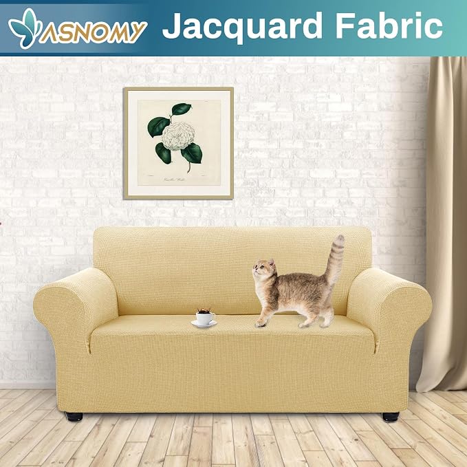 Asnomy Stretch Couch Covers Washable,loveseat Cover Slipcovers,Champagne | 1-Piece Sofa Cover(55"-78") loveseat cover Furniture Protector Soft Jacquard,Non-Slip Elastic Bottom for Dogs & Kids