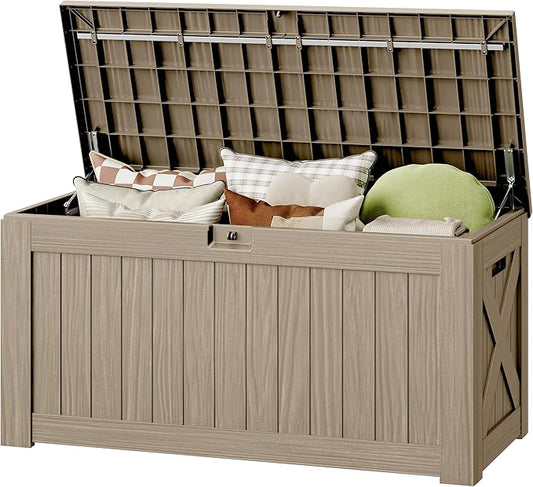130 Gallon Deck Box Outdoor Indoor Waterproof Storage Box for Patio Furniture, Pool Accessories, Garden Tools, and Cushion Storage, Coffee