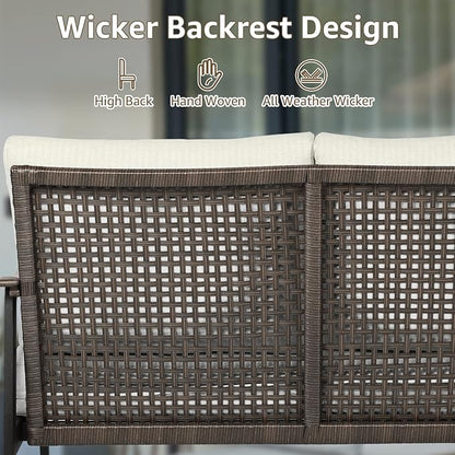 NATURAL EXPRESSIONS Patio Loveseat Sofa Outdoor Furniture Metal Chair with Wicker Backrest & 6 Inches Cushion for Indoor, Front Porch, Deck, Balcony, Backyard, 51.77"(L) x 29.75"(W) x 33.86"(H).