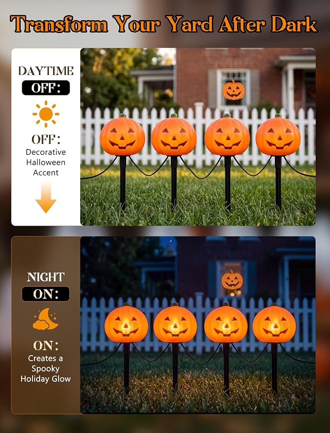 Halloween Pumpkin Pathway Markers Lights Outdoor, 7Ft Connectable C7 Halloween Decorations Pathway String Lights with 4 Pumpkin Stakes Lights for Outdoor Garden Walkway Yard Driveway Lawn Party Decor