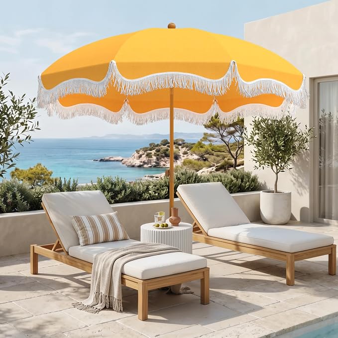 HERA'S PALACE 7 ft Heavy Duty Beach Umbrella with Sand Anchor, Fringe Umbrella for Sand, UV 50+, Patio Umbrella with Tilt Pole for Garden Pool Backyard