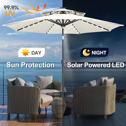 FLAME&SHADE Solar Patio Umbrella with Centre Light, 9FT 2 Tiers, Ivory | 40 LED Lights, UV Protection, Solar Outdoor Umbrella for Porch, Deck, Backyard, Garden, Provides Evening Lighting