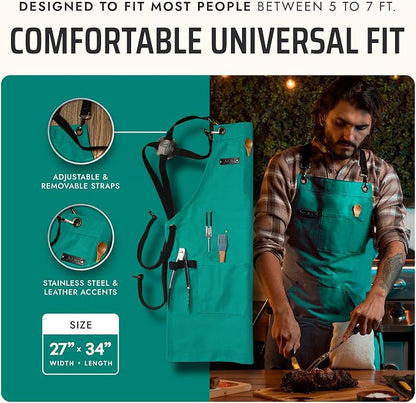 Asaya Chef and BBQ Apron with Bottle Opener and Hand Towel - 10oz Cotton Canvas, Stainless Steel Hardware - Cross Back Straps