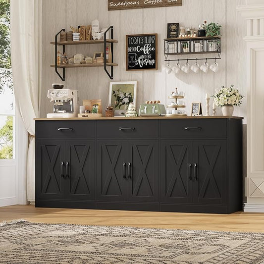 HOSTACK 71" Large Sideboard Buffet Cabinet with Storage, Farmhouse Coffee Bar Cabinet with 3 Drawers, Long Kitchen Buffet Table, Kitchen Sideboard Storage Cabinet for Dining Room, Living Room, Black
