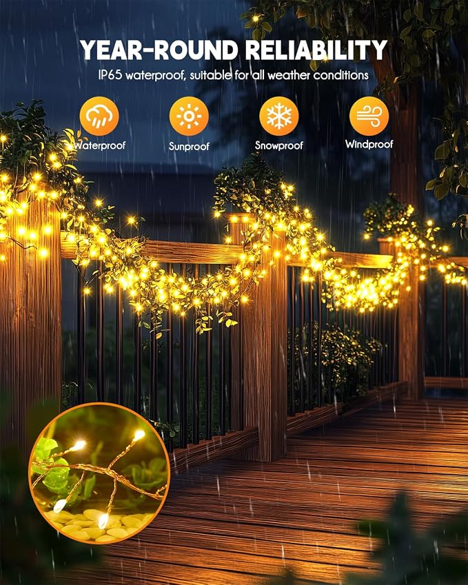2 Pack 240 LED 20FT Total 40FT 480LED Solar Fairy Lights Outdoor Waterproof | Solar Christmas Lights Outdoor Waterproof 8 Light Modes Cascading Twinkle Lights Garland Christmas Decorations, Warm White