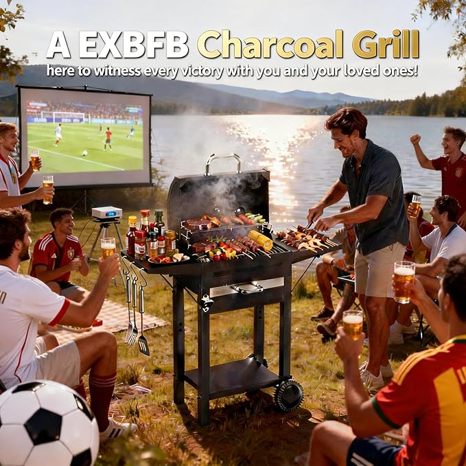 Charcoal Grills with Two Side Tables, 20-In Outdoor Smoker Barbecue Bbq Grill with 334 Sq. In Cooking Area for Camping, Patio,Backyard Party, Picnic, Black