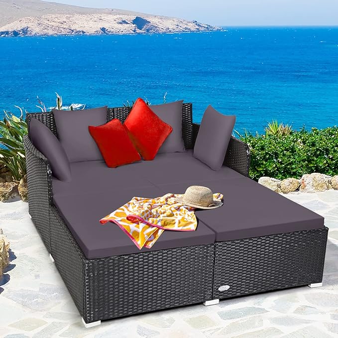Tangkula Outdoor Rattan Daybed, Sunbed Wicker Furniture w/Spacious Seat, Upholstered Cushion & High-Resilience Sponge, Wicker Patio Sofa Set w/Extra Pillows for Courtyard Poolside (Grey)