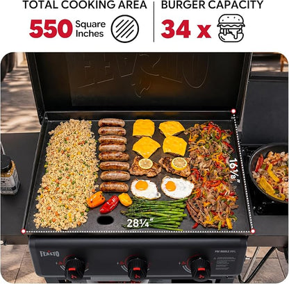 Feasto 28-Inch 3 Burner Propane Flat Top Grill with Hood and Side Burner | 550 Sq. In. Outdoor Griddle with Protective Hood, 37,500 BTU Main Burners, 13,000 BTU Lidded Side Burner, Folding Side Table