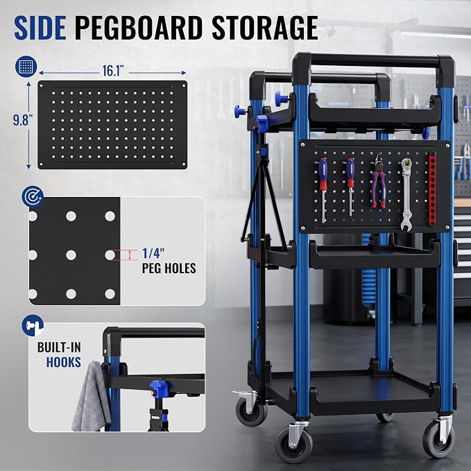 WORKPRO Heavy Duty 3-Tier Utility Cart, 450 LBS Folding Cart with Wheels | Built-In Pegboard & Hooks Keep Tools Organized, Collapsible Design with Carry Handle for Garage, Workshop, Warehouse & Home