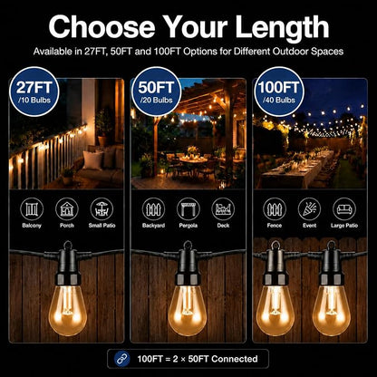 Outdoor String Lights 27FT, RGBW Patio Lights with App & Remote Control | 10 ST14 bulbs, RGBW color modes, app control, remote control, music mode, timer, patio decor