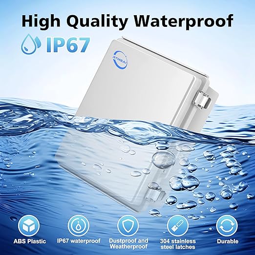 RTHIEAI Waterproof Outdoor IP67 Junction Box (8.7"x6.7"x4.3") with Mounting Plate, Hinged Grey Cover and Wall Brackets - Weatherproof ABS Plastic Electrical Enclosure for DIY Projects (220x170x110mm)