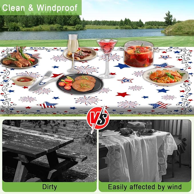 JAWO 4th of July Patriotic Star American Flag Picnic Table Cover with Bench Covers, Camper RV Essentials Gear Supplies Outdoor Waterproof Windproof Tablecloth with Elastic, 30X60in