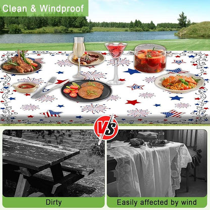 JAWO 4th of July Patriotic Star American Flag Picnic Table Cover with Bench Covers, Camper RV Essentials Gear Supplies Outdoor Waterproof Windproof Tablecloth with Elastic, 30X60in