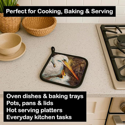 Caroline's Treasures JMK1211PTHD White Egret Feeding Baby Pair of Pot Holders Kitchen Heat Resistant Pot Holders Sets Oven Hot Pads for Cooking Baking BBQ, 7 1/2 x 7 1/2