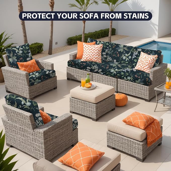14Pcs Patio Cushion Covers, Outdoor Stretch Cushion Covers, Washable | Stretch Fit, Replacement, Washable and Reusable Furniture Protectors, Fits most patio furniture cushion covers, Cover Only