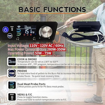 WiFi PID Trapezoid Grill Controller Replacement for Pit Boss Vertical Pellet Smokers PBV3P1/PBV4PS1/PBV5P1 Series, Smart APP Control Board with 130-420°F Temperature Range, 1°F Steps, 120V Input