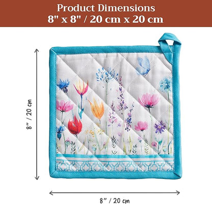 Maison d' Hermine Pot Holders 100% Cotton Heat Resistant Potholders 8" x 8" Hot Pads with Loop BBQ Baking Hotel Farmhouse Kitchen Handling Hot Pans Spring Summer (Pack of 1, Flower in The Field)