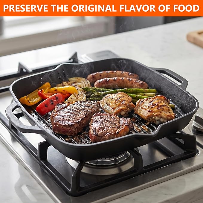 11" Cast Iron Square Grill Pan, Professional Pre-Seasoned Griddle with Handles, Heavy Duty Cooking Skillet, Induction Compatible, Suitable for Stovetop, Oven, BBQ & Fire, Indoor Outdoor Use