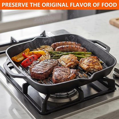 11" Cast Iron Square Grill Pan, Professional Pre-Seasoned Griddle with Handles, Heavy Duty Cooking Skillet, Induction Compatible, Suitable for Stovetop, Oven, BBQ & Fire, Indoor Outdoor Use