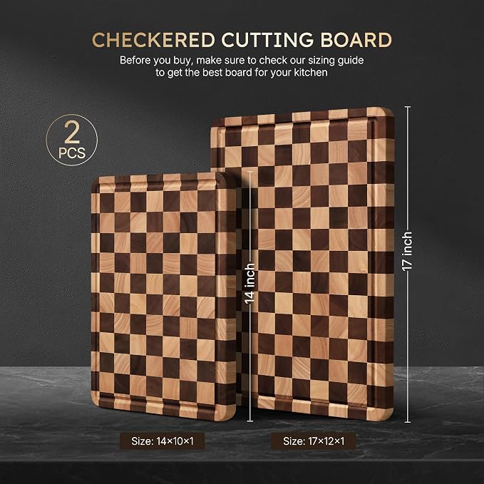 2 Packs Cutting Boards for Kitchen Checkered Cutting Board Acacia Wood Charcuterie Board Serving Heavy Duty Non Toxic Slip Over Sink Butcher Block Meat Best Kitchen Essential Gift