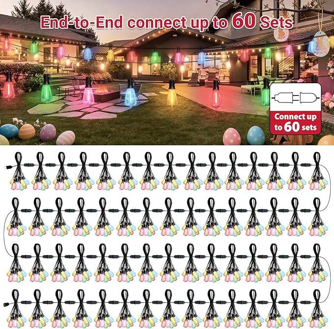 LAMPHOME 2-Pack 26FT ST38 Outdoor String Lights, Multicolor Shatterproof Edison LED Patio Lights, Connectable Waterproof Hanging Lights for Easter, Outside Bistro, Patio & Party Decorations