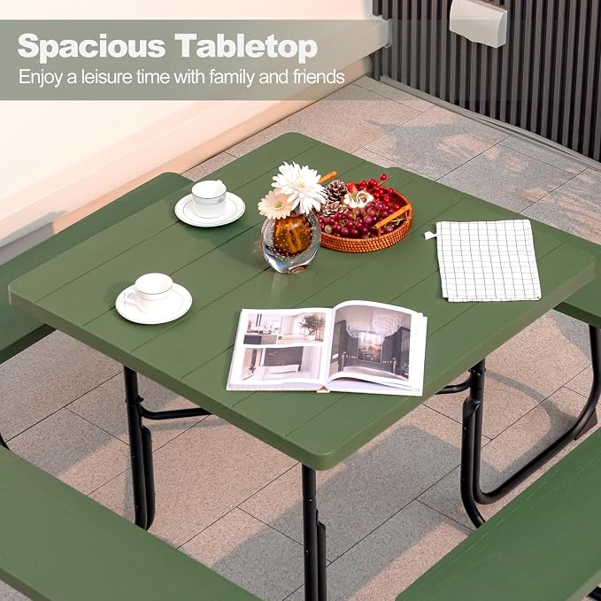 Tangkula 8 Person Picnic Table, Outdoor Square Picnic Table with 4 Built-in Benches, Umbrella Hole, Metal Frame & HDPE Tabletop, Outside Table and Bench Set for Backyard, 2300lbs Weight Capacity