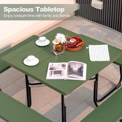Tangkula 8 Person Picnic Table, Outdoor Square Picnic Table with 4 Built-in Benches, Umbrella Hole, Metal Frame & HDPE Tabletop, Outside Table and Bench Set for Backyard, 2300lbs Weight Capacity