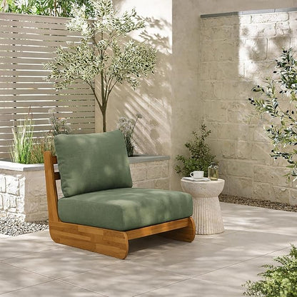 Merax Outdoor All-Weather Acacia Wood Single Sofa with Cushion, Patio Lounge Chair for Porch, Lawn, Backyard, Balcony, Green+Teak