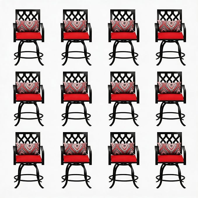 DWVO Metal Outdoor Bar Stools Set of 12, Heavy-Duty Bar Height Outdoor Chairs 352 Lbs Capacity, All-Weather E-Coated Swivel Barstools with Red Cushion & Pillow for Patio Deck Balcony
