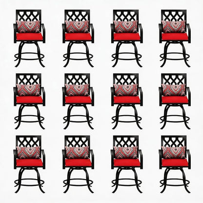 DWVO Metal Outdoor Bar Stools Set of 12, Heavy-Duty Bar Height Outdoor Chairs 352 Lbs Capacity, All-Weather E-Coated Swivel Barstools with Red Cushion & Pillow for Patio Deck Balcony