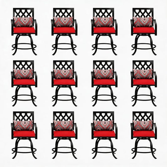 DWVO Metal Outdoor Bar Stools Set of 12, Heavy-Duty Bar Height Outdoor Chairs 352 Lbs Capacity, All-Weather E-Coated Swivel Barstools with Red Cushion & Pillow for Patio Deck Balcony