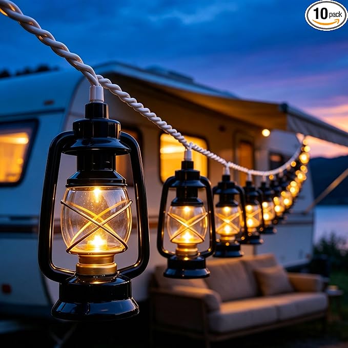 Vintage Kerosene Lantern String Lights 8.5FT, 10 LED Black Oil Lamp Camping | IP44 Waterproof & End-to-end Connectable, Plug-in LED for RV Awning, Tent, Patio, Porch, Bedroom, Camping and Holiday Decor