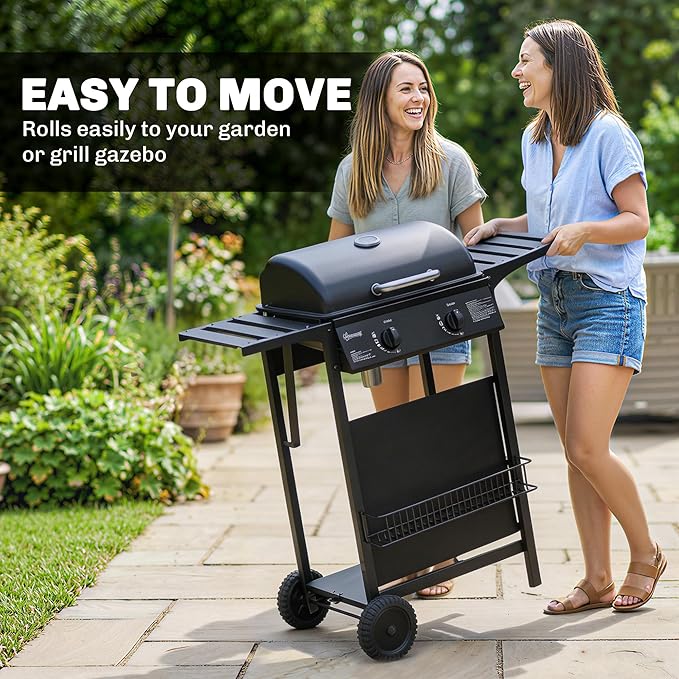 Outsunny 2 Burner Propane Gas Grill, 18000 BTU BBQ Grill with Wheels, Warming Rack, Side Tables, Shelf, Thermometer, Grease Cup, Outdoor Barbeque for Outdoor Backyard Patio, Black
