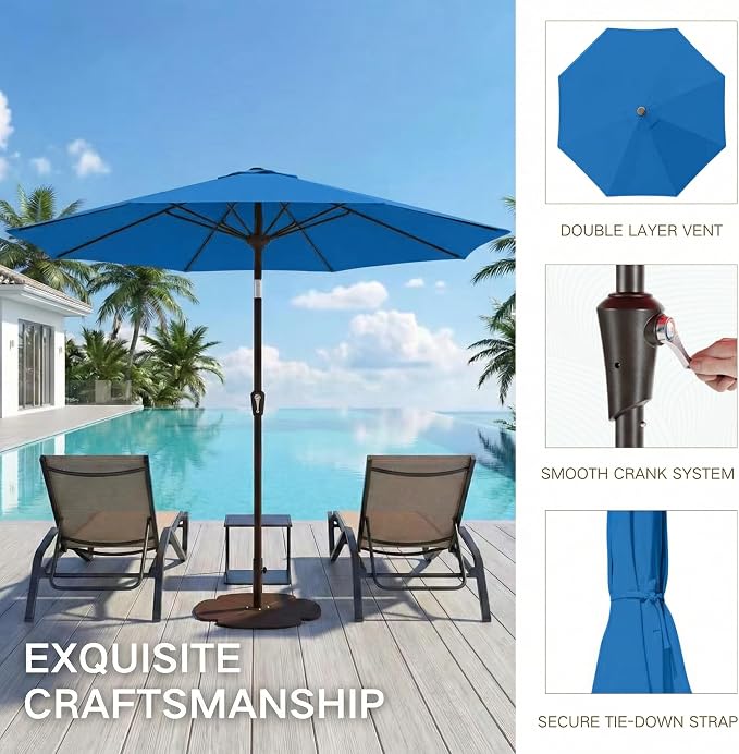 Kingdura 10FT Outdoor Patio Umbrella, Round Market Table Umbrella with Push‑Button Tilt and Crank Lift, 8 Sturdy Metal Ribs, UV50+ Protection Canopy for Backyard, Lawn, Deck, Poolside, Garden (Royal blue)