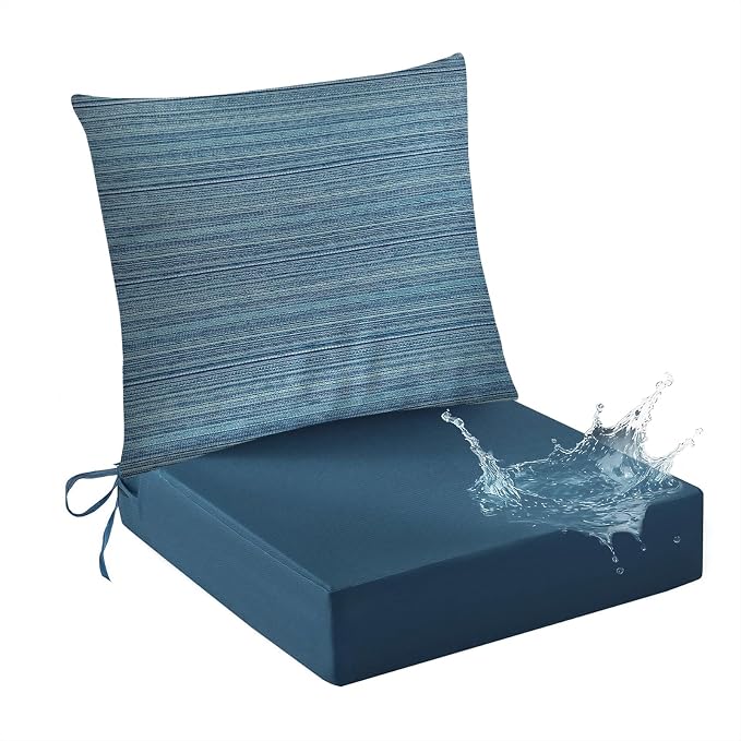 Bcareself Outdoor Deep Seat Cushion Set Waterproof & Fade Resistant Patio Furniture Cushions with Removable Cover Adjustable Straps Rain-Proof Seat Pad & Back Cushion for Chair Sofa Porch 22 x 22 Blue