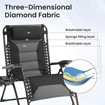 Zero Gravity Chair Oversized Padded Recliner with Adjustable Headrest & Cup Holder - XL 600D Oxford Folding Lounge Chair for Outdoor Camping, Patio, Poolside (Upgraded Black & Gray)