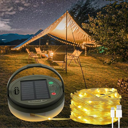Solar Camping String Lights, 32.8 FT Fairy String Light, 4 in 1 Portable Waterproof Camp LED Lamp with 8 Lighting Modes, Hanging Rechargeable Tent Lantern for Outdoor Garden Patio Party Essentials